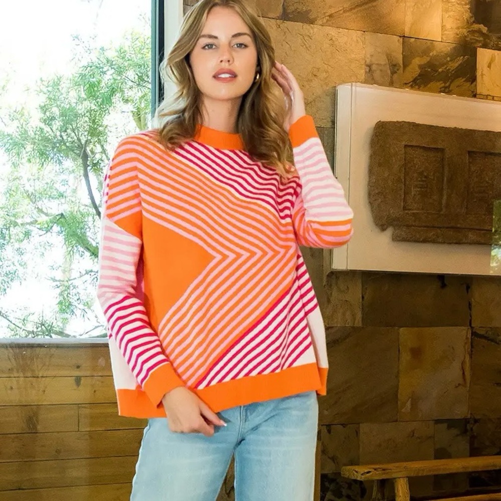 NWOT THML Pink Multi Stripe Mock Neck Sweater